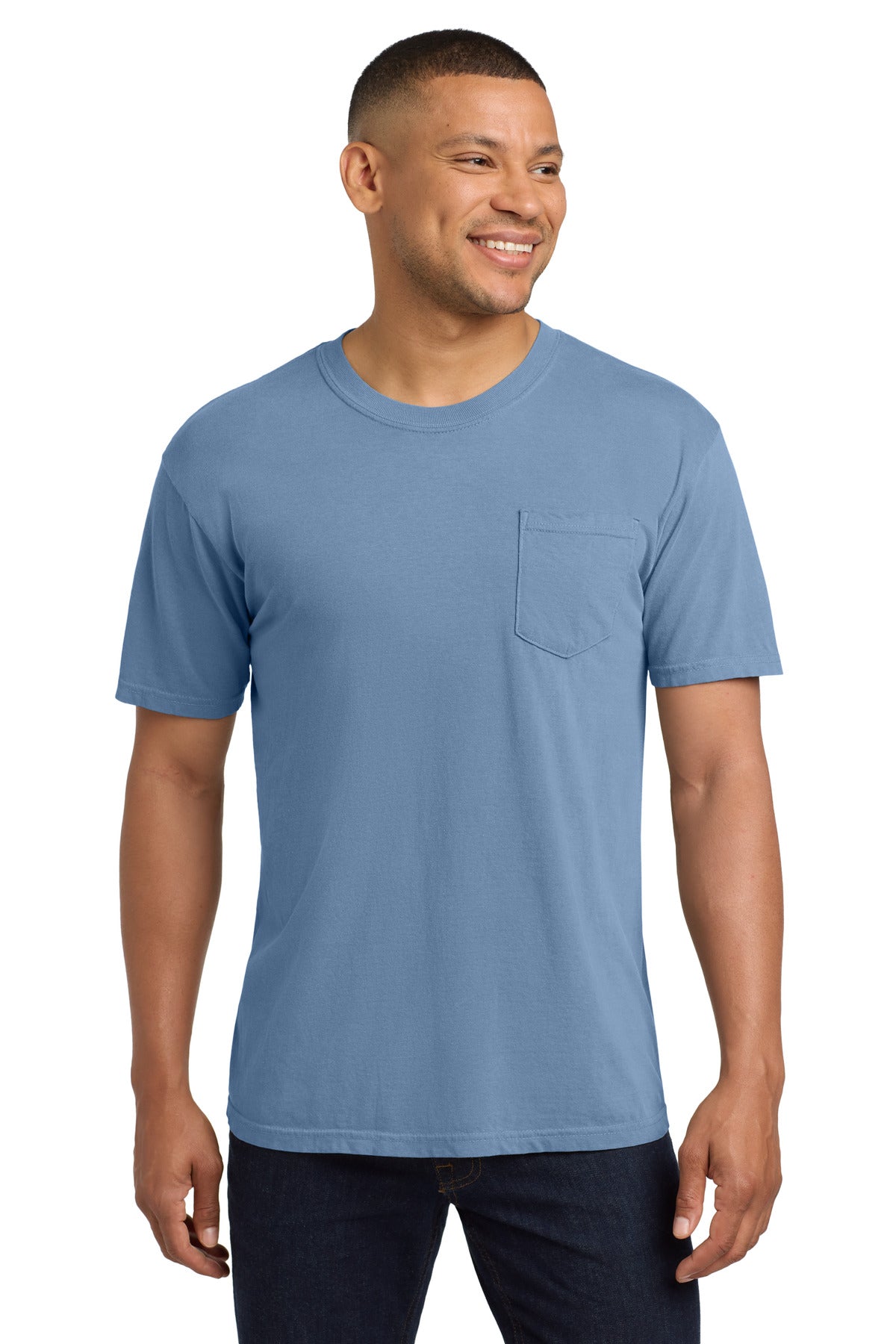 Front View of Washed Denim COMFORT COLORS Heavyweight Ring Spun Pocket Tee. 6030