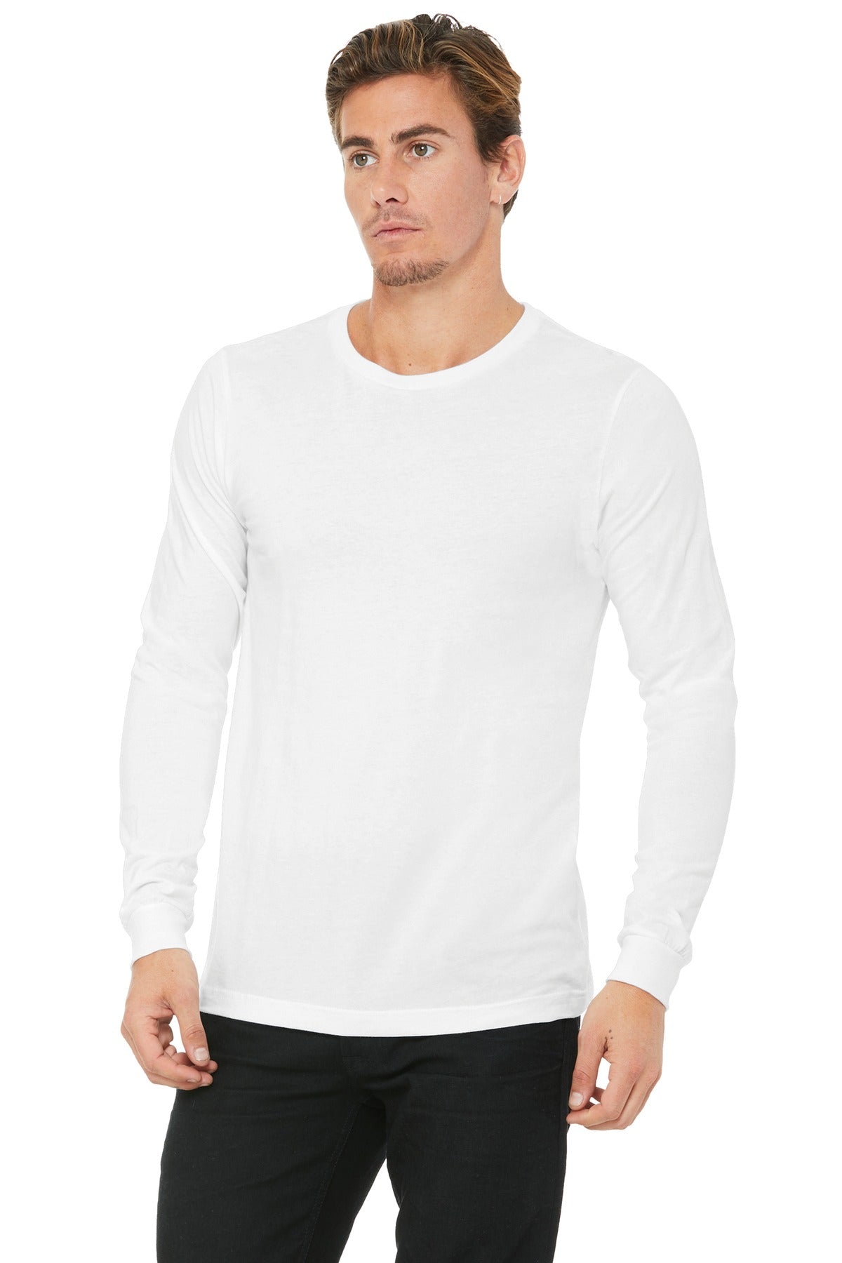 Front View of White BELLA+CANVAS Unisex Jersey Long Sleeve Tee. BC3501