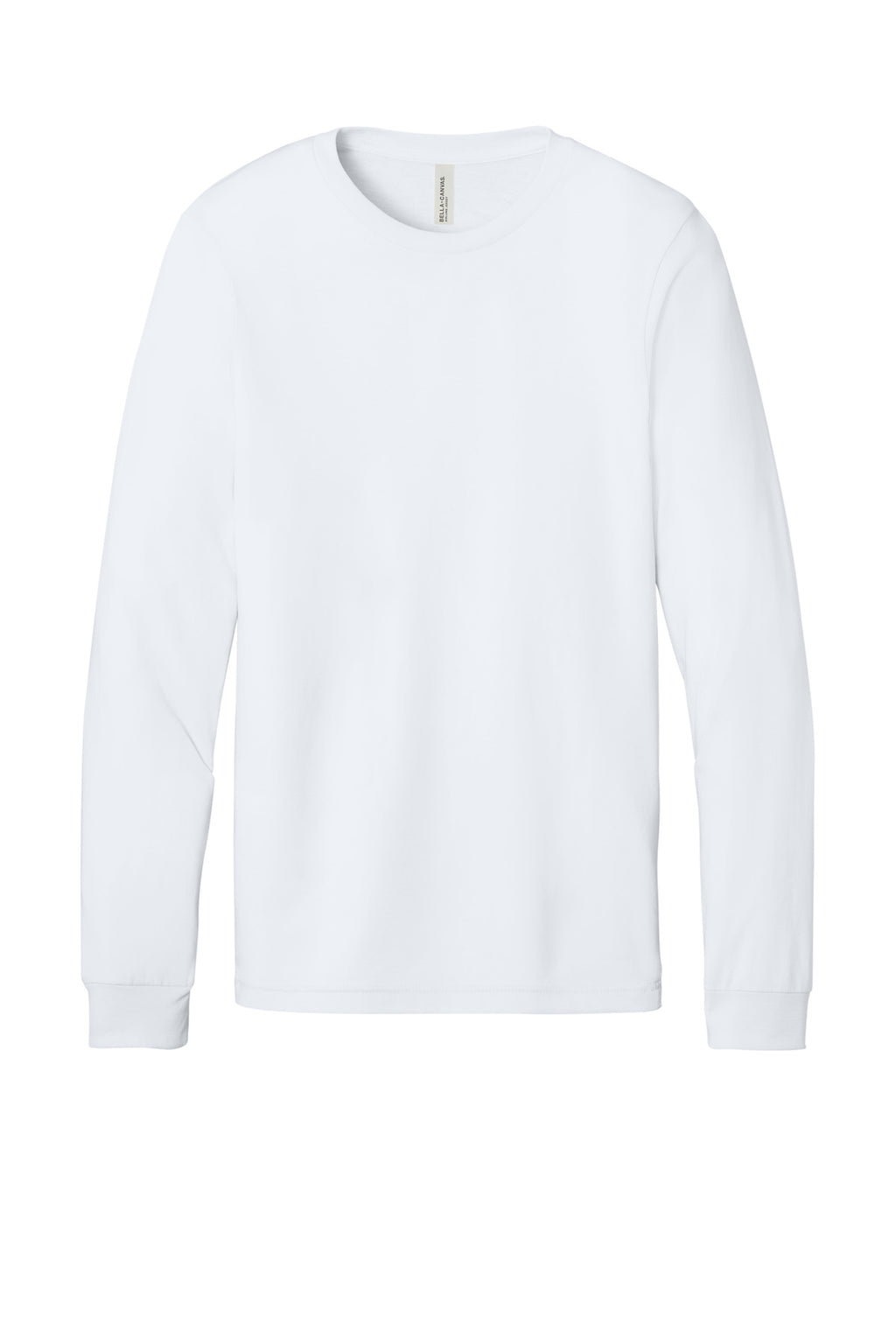 Front View of White BELLA+CANVAS Unisex Jersey Long Sleeve Tee. BC3501