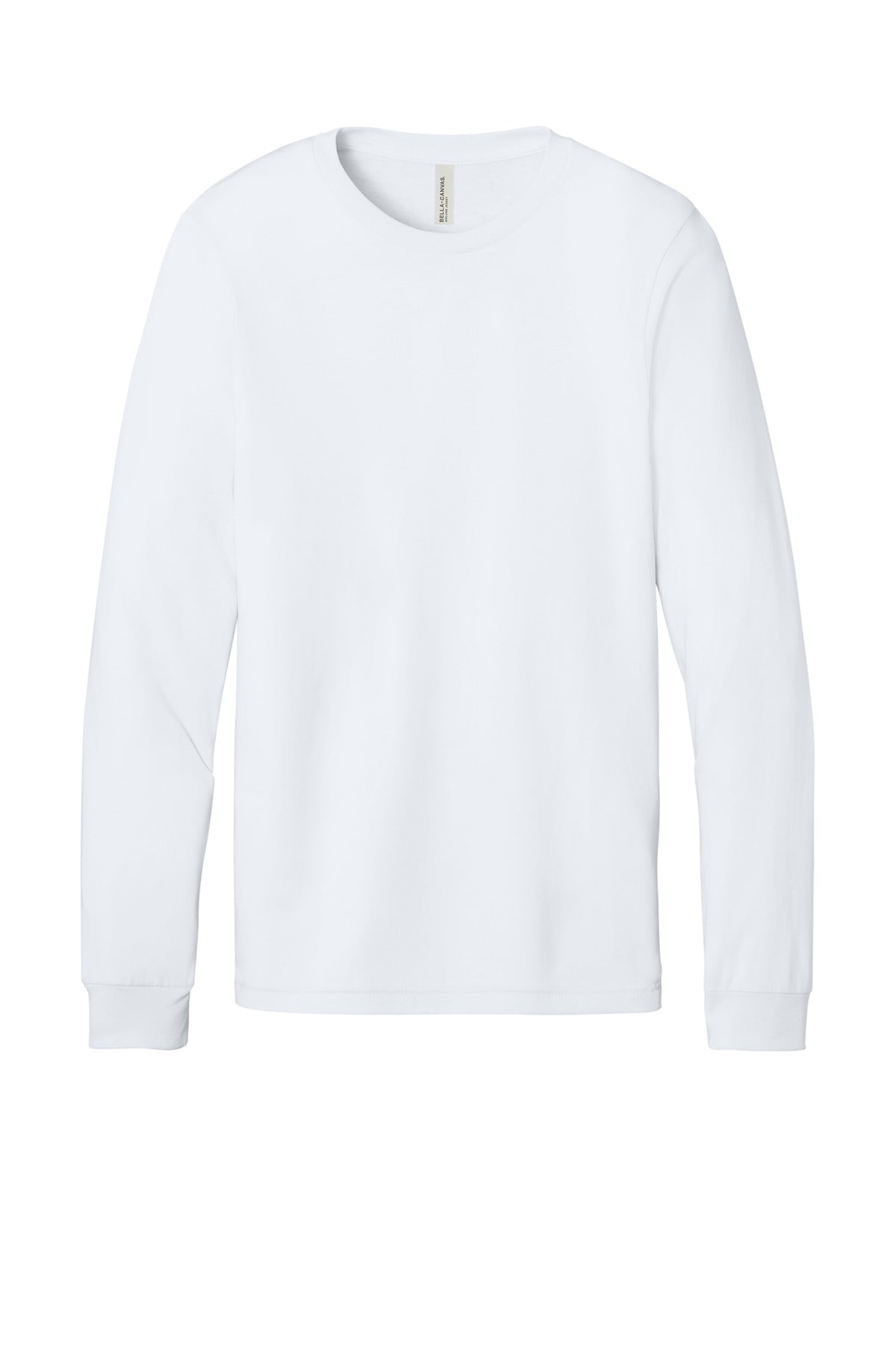 Front View of White BELLA+CANVAS Unisex Jersey Long Sleeve Tee. BC3501