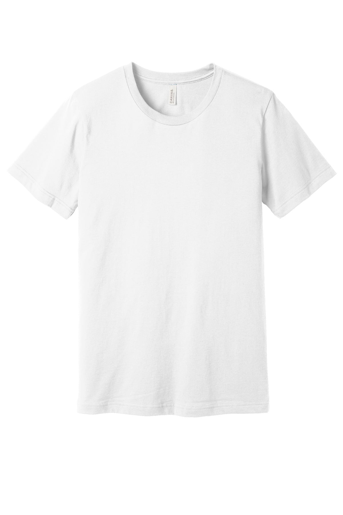 Front View of White BELLA+CANVAS Unisex Jersey Short Sleeve Tee. BC3001