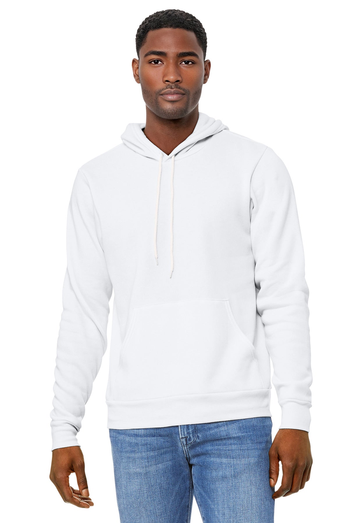 Front View of White BELLA+CANVAS Unisex Sponge Fleece Pullover Hoodie. BC3719