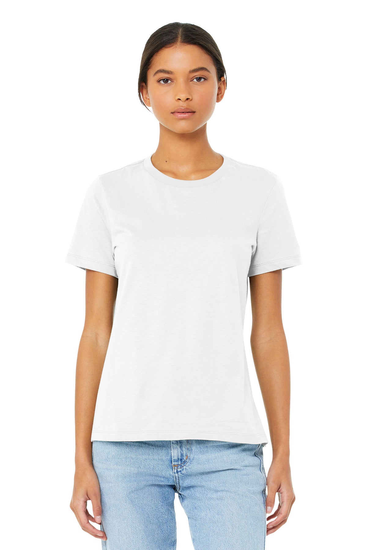 Front View of White BELLA+CANVAS Women's Relaxed Jersey Short Sleeve Tee. BC6400