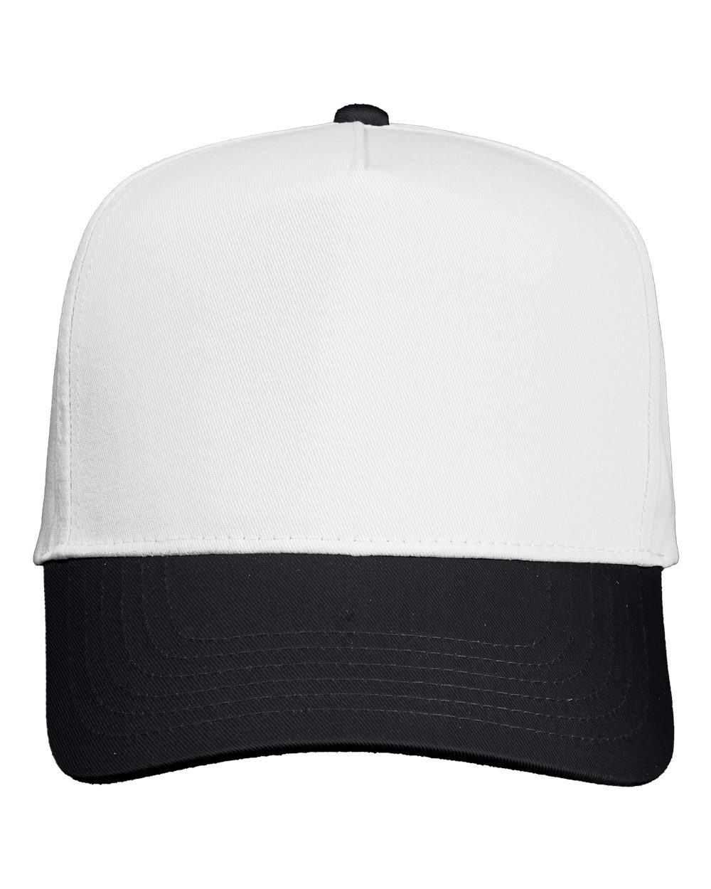 Front View of White/ Black Five-Panel Twill Cap - 8869