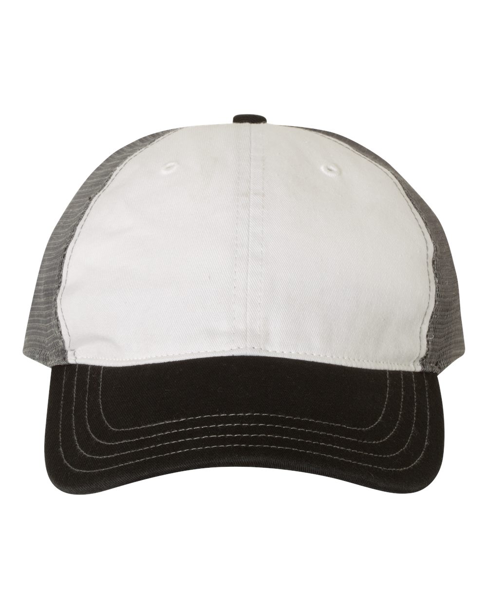 Front View of White/ Charcoal/ Black Garment-Washed Trucker Cap - 111