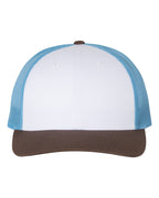 Front View of White/ Columbia Blue/ Brown Low Pro Trucker Cap - 115