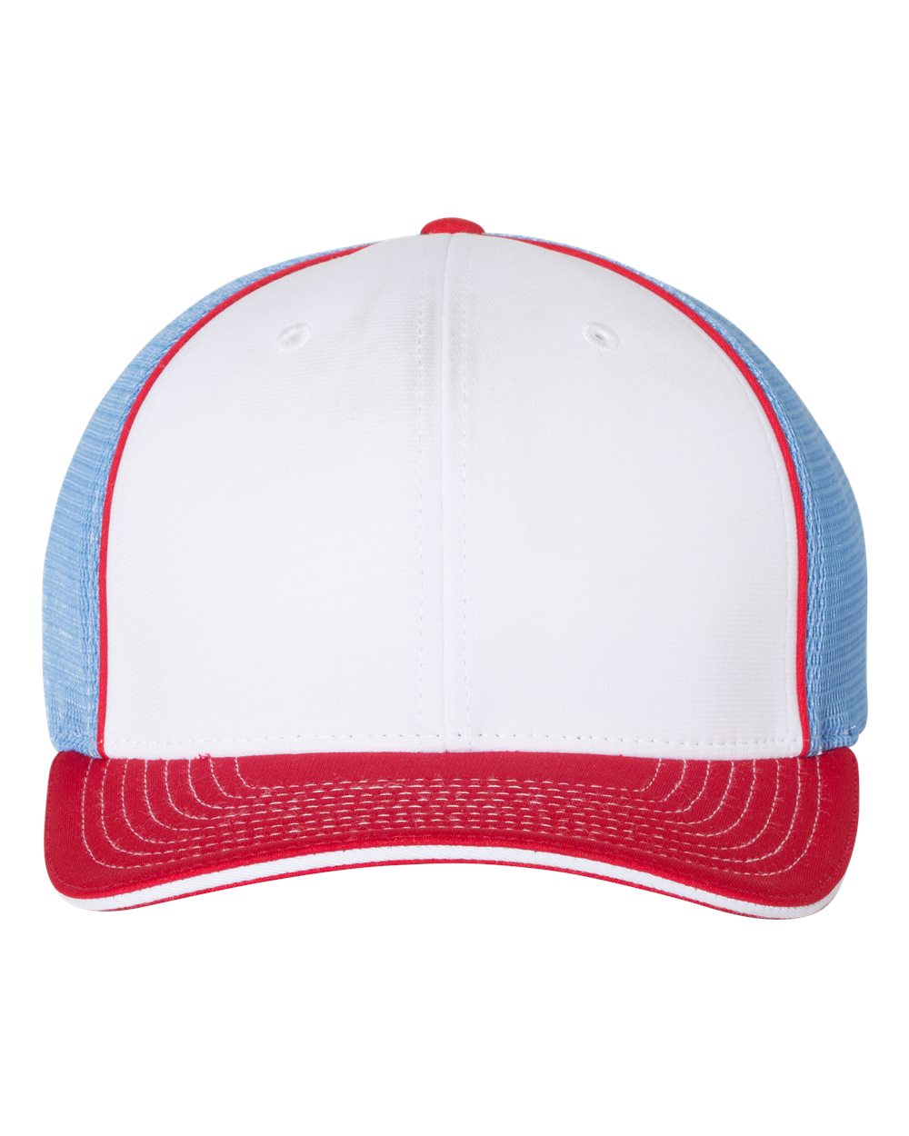 Front View of White/ Columbia Blue/ Red Tri Pulse Sportmesh R-Flex Cap - 172