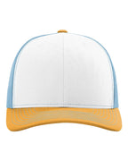 Front View of White/ Columbia Blue/ Yellow Snapback Trucker Cap - 112
