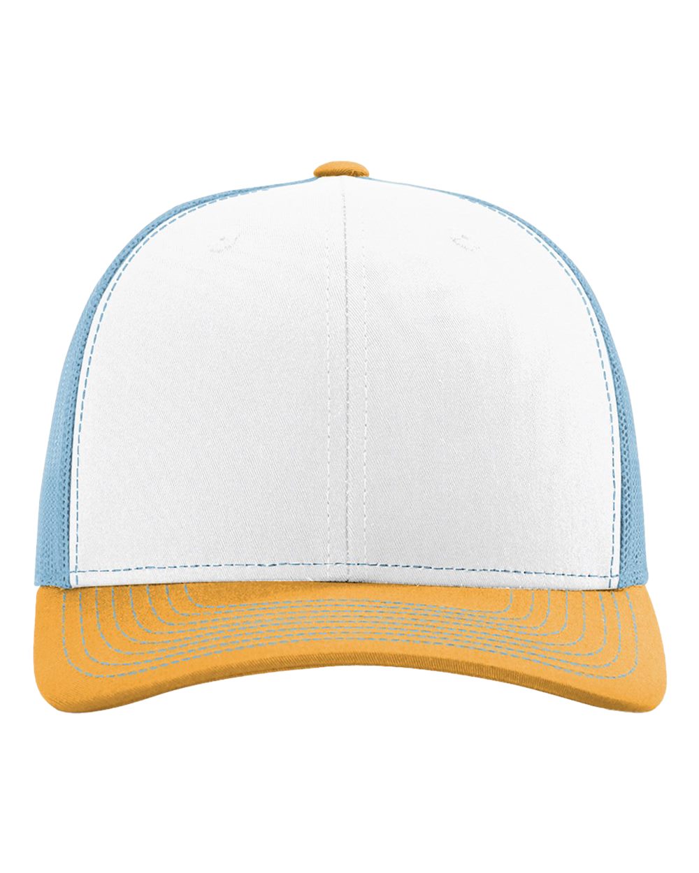 Front View of White/ Columbia Blue/ Yellow Snapback Trucker Cap - 112