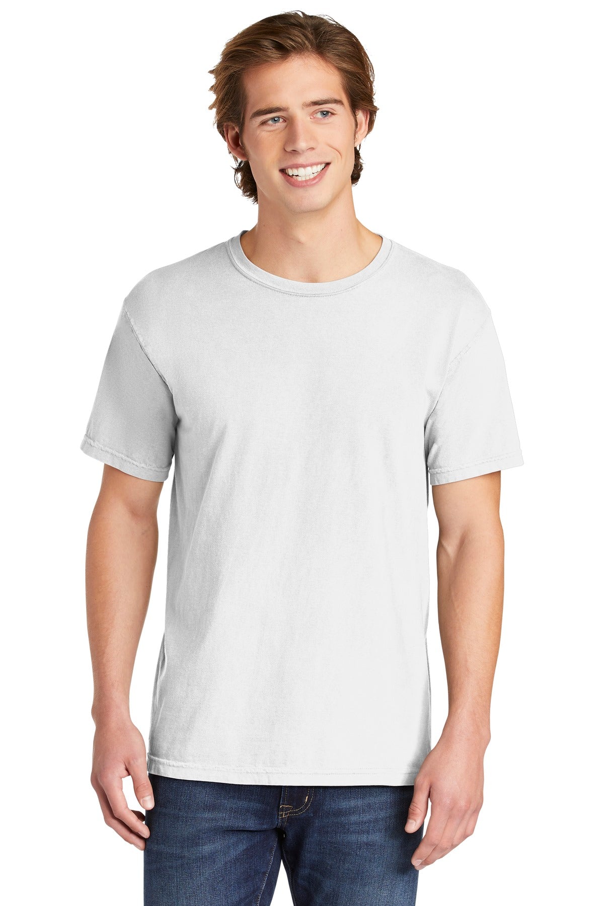 Front View of White COMFORT COLORS Heavyweight Ring Spun Tee. 1717