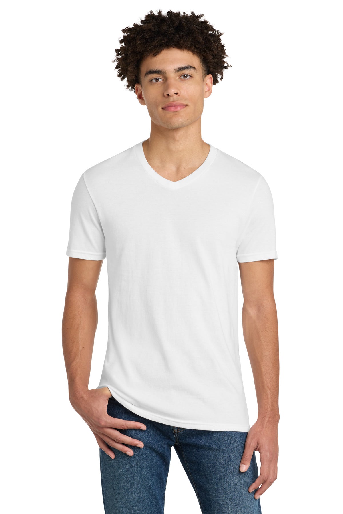 Front View of White District Very Important Tee V-Neck. DT6500