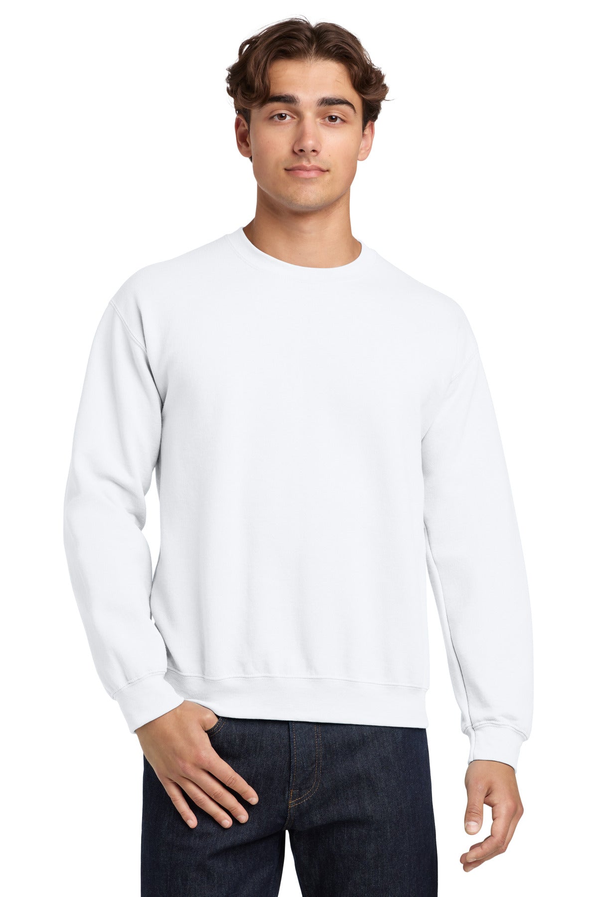 Front View of White Gildan Heavy Blend Crewneck Sweatshirt. 18000