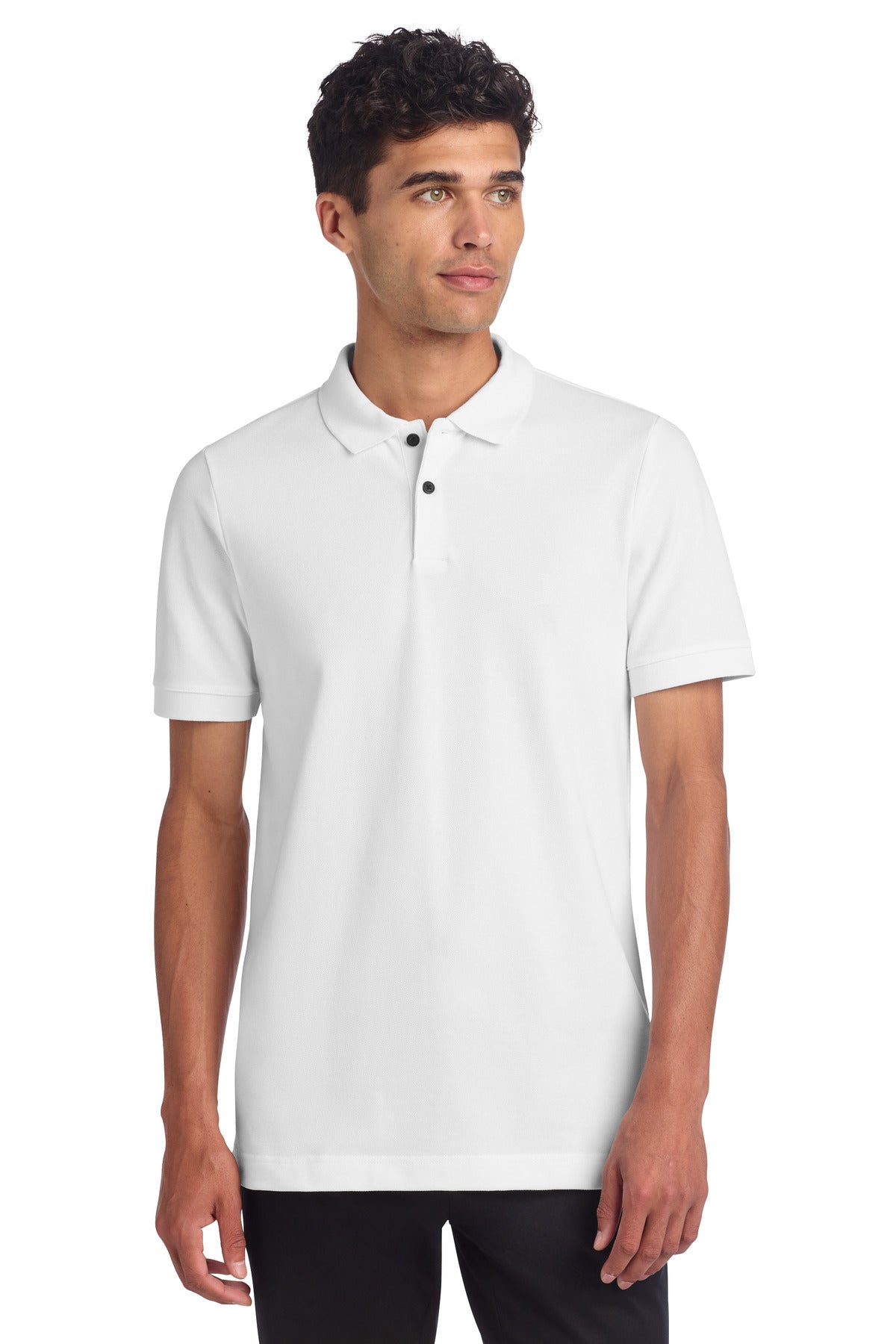 Front View of White Mercer+Mettle Stretch Heavyweight Pique Polo MM1000