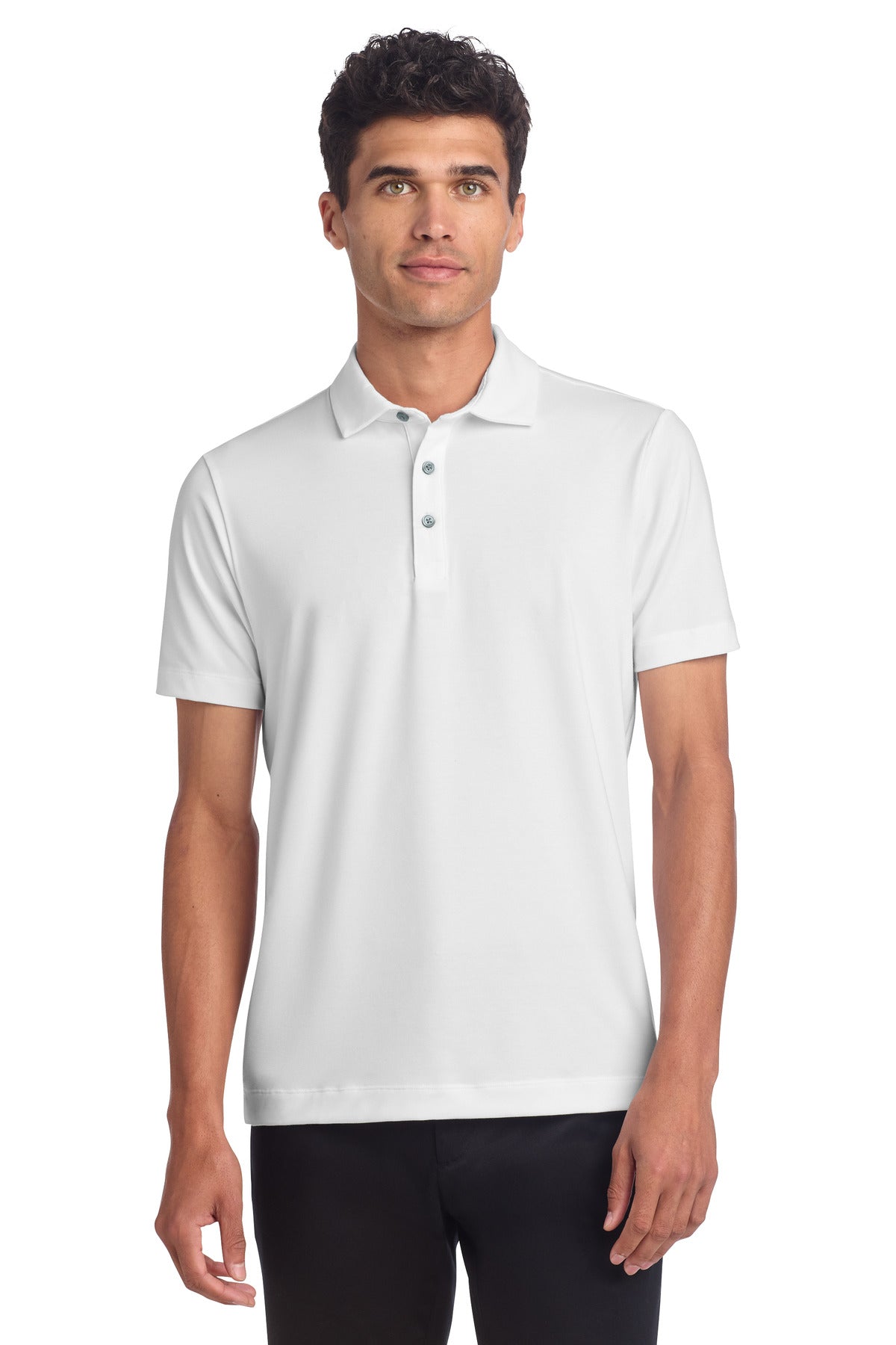 Front View of White Mercer+Mettle Stretch Jersey Polo MM1014