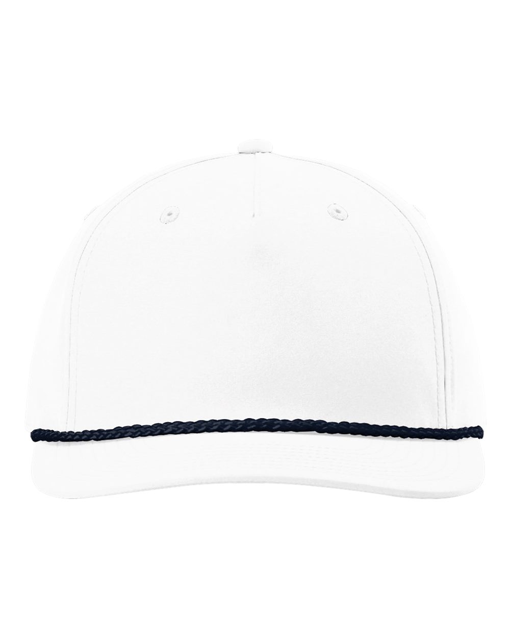 Front View of White/ Navy Five Panel Classic Rope Cap - 258