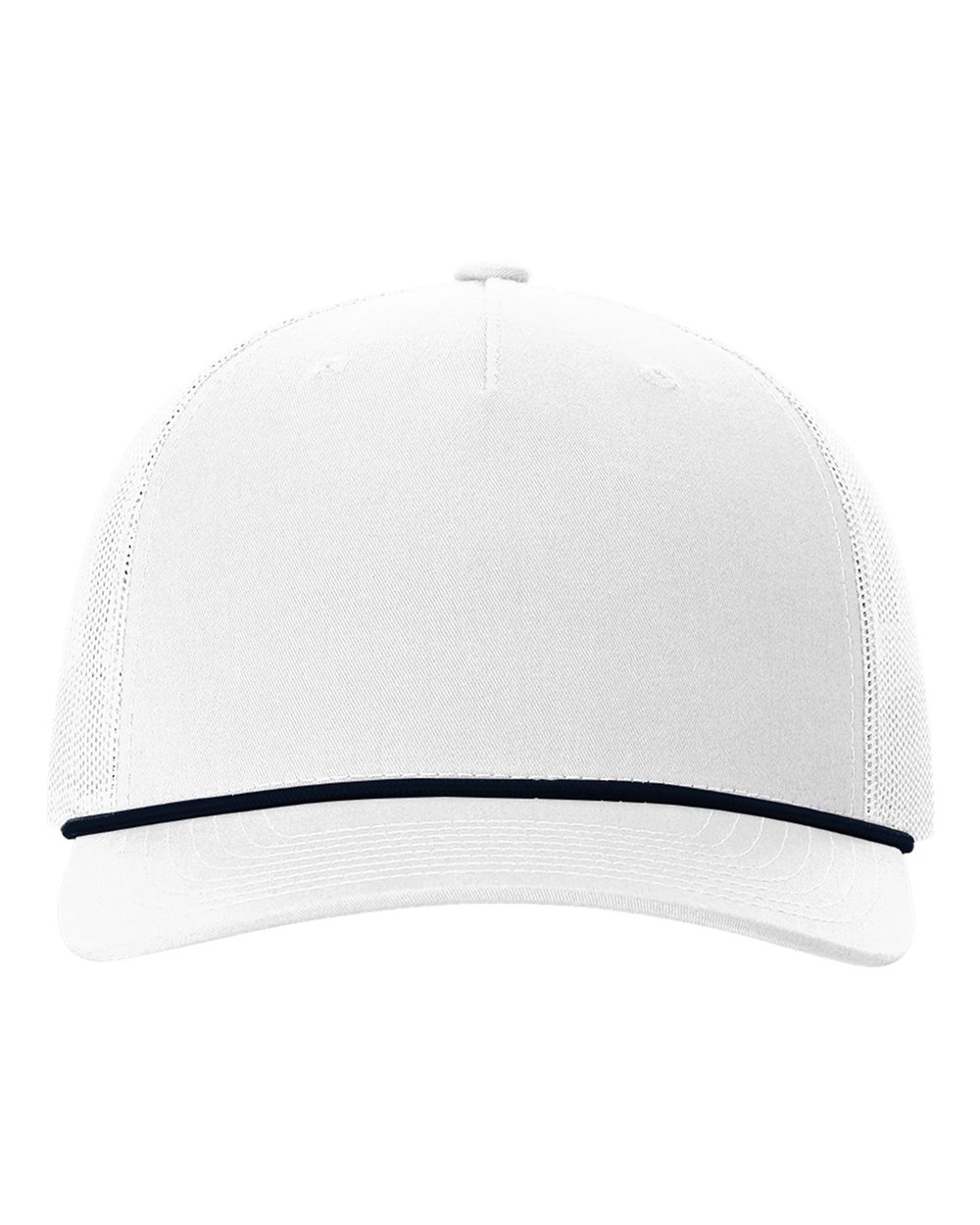 Front View of White/ Navy Five-Panel Trucker with Rope Cap - 112FPR