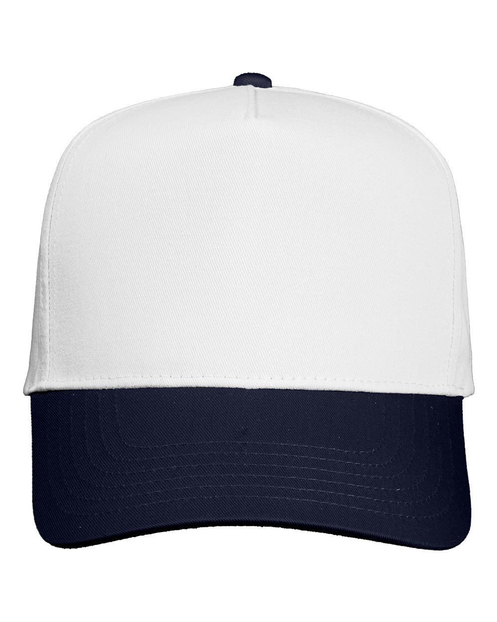 Front View of White/ Navy Five-Panel Twill Cap - 8869