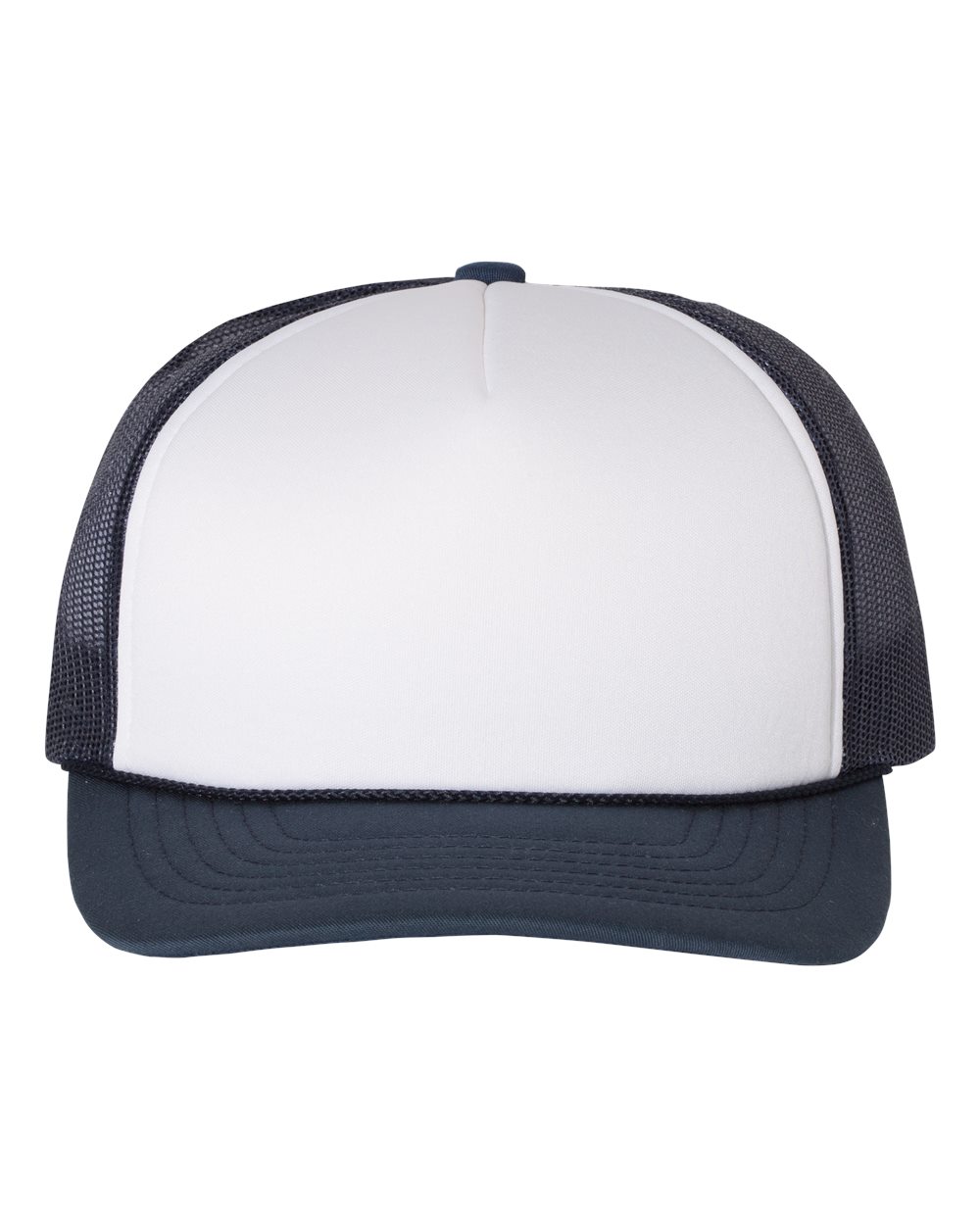 Front View of White/ Navy Foamie Trucker Cap - 113