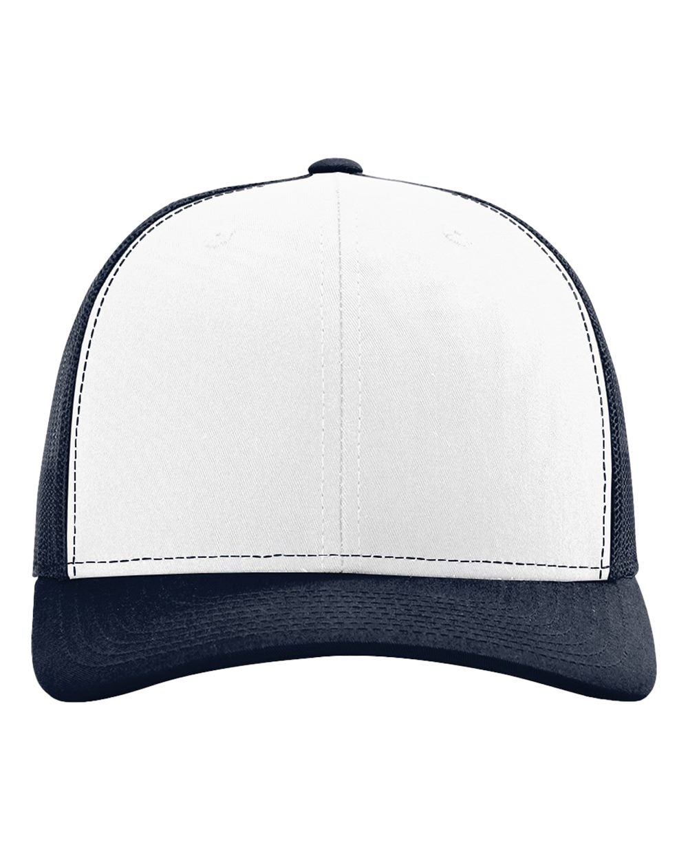 Front View of White/ Navy Snapback Trucker Cap - 112