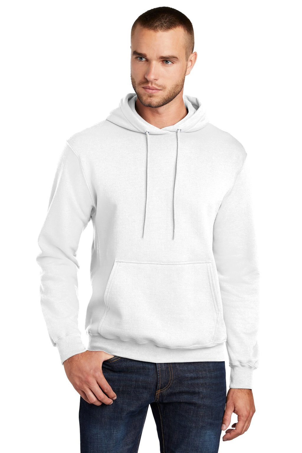 Front View of White Port & Co Core Fleece Pullover Hooded Sweatshirt. PC78H