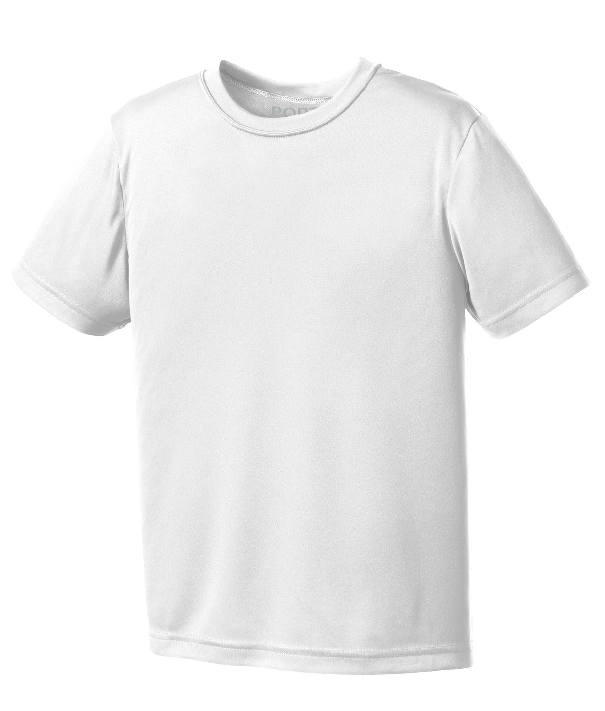 Front View of White Port & Co Youth Performance Tee. PC380Y