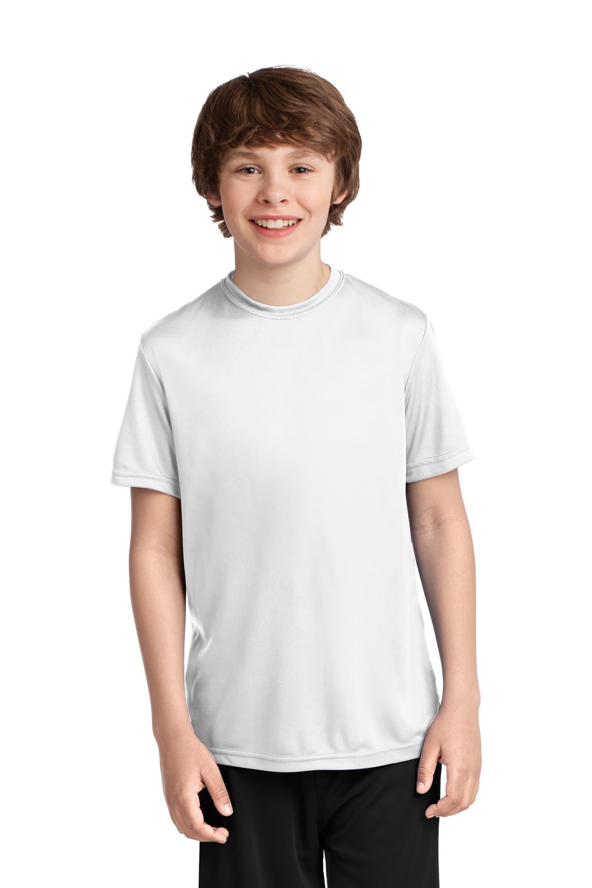 Front View of White Port & Co Youth Performance Tee. PC380Y