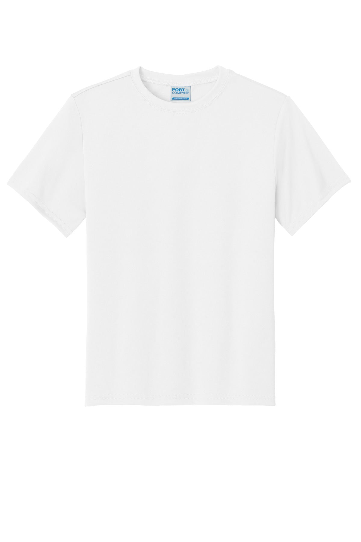 Front View of White Port & Co Youth Performance Tee. PC380Y