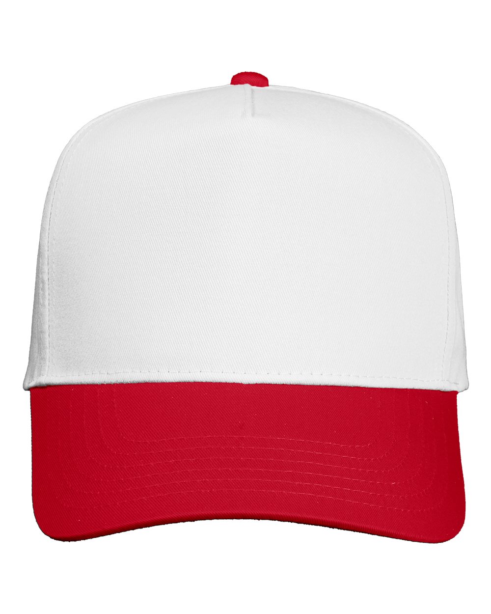 Front View of White/ Red Five-Panel Twill Cap - 8869