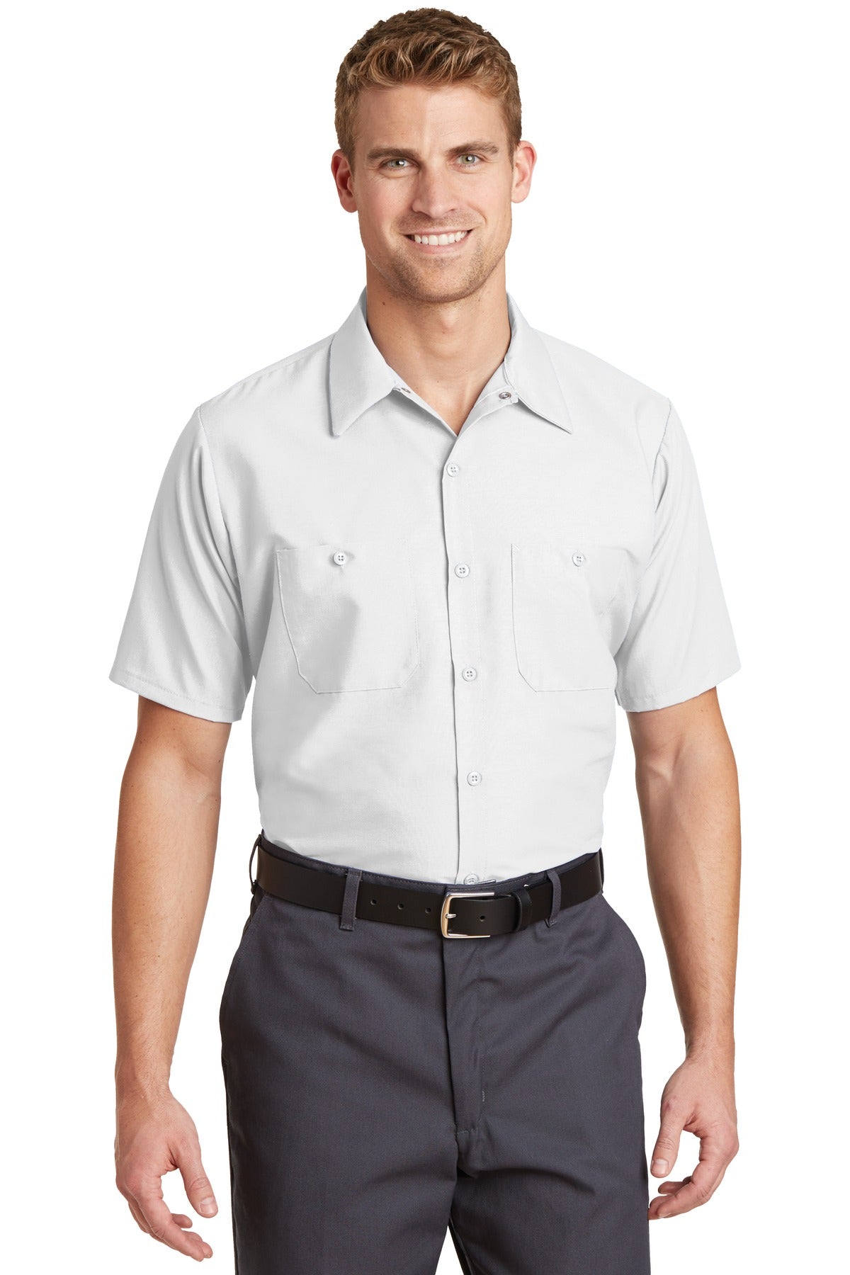 Front View of White Red Kap Short Sleeve Industrial Work Shirt. SP24