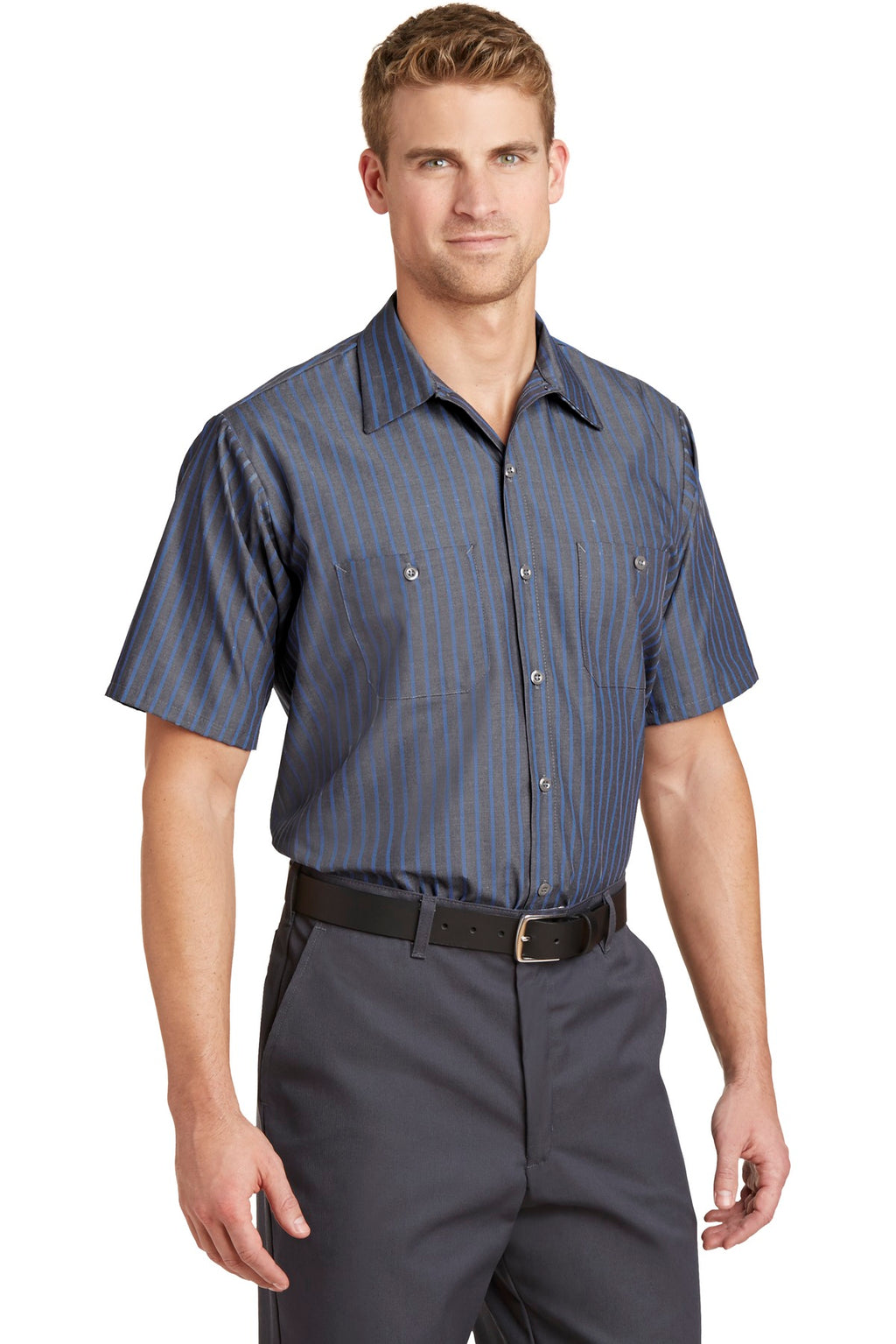 Grey/Blue Red Kap Short Sleeve Striped Industrial Work Shirt. CS20