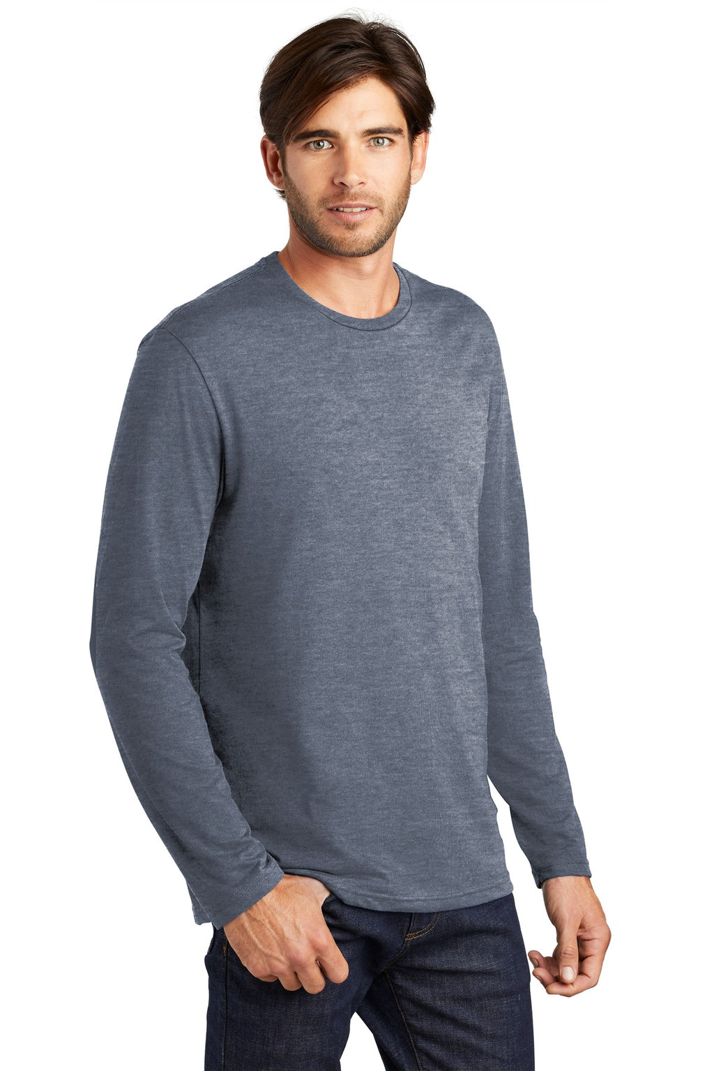 Heathered Navy District Perfect Weight Long Sleeve Tee. DT105