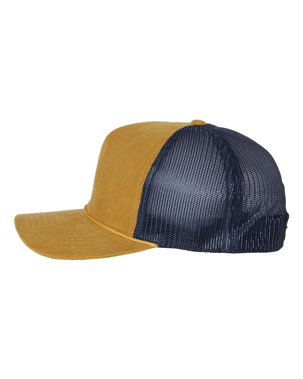 Left View of Amber Gold/ Navy Troutdale Corduroy Trucker Cap - 930