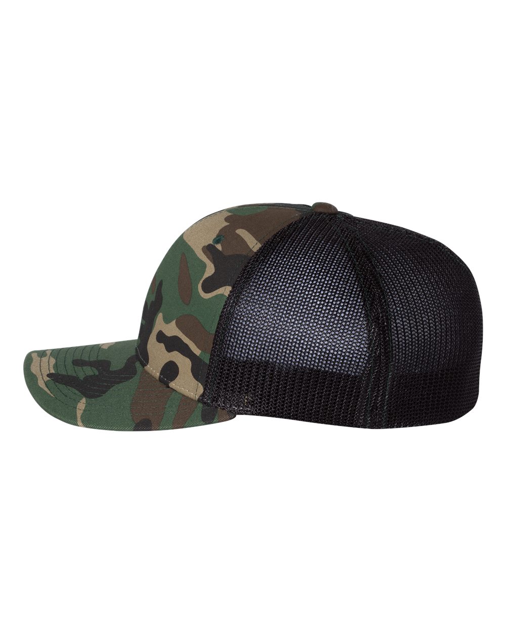 Left View of Army Camo/ Black R-Flex Trucker Cap - 110