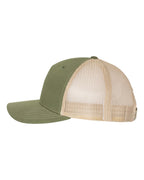 Left View of Army Olive Green/ Tan Five-Panel Trucker Cap - 112FP