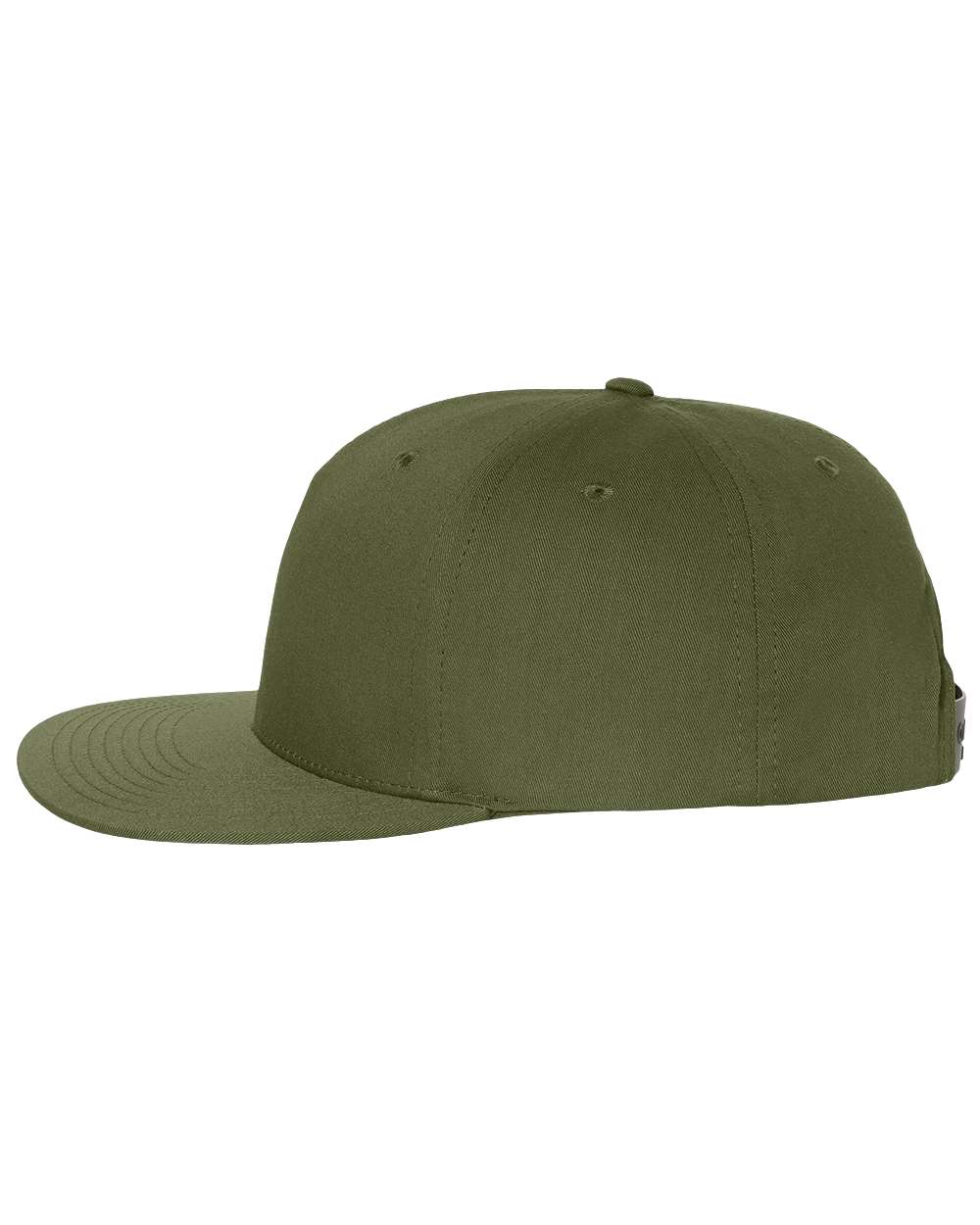 Left View of Army Olive Pinch Front Structured Snapback Trucker Cap - 255