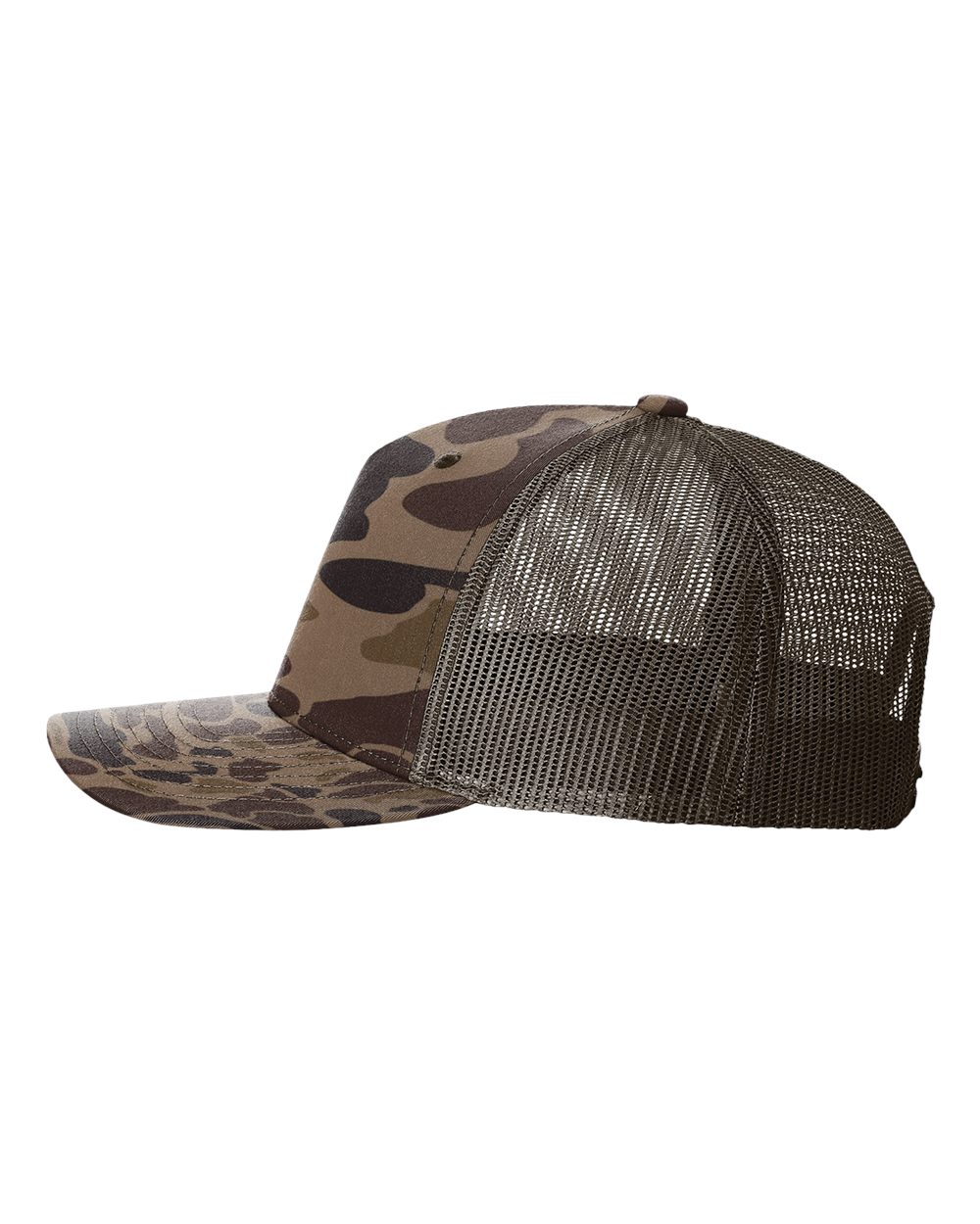 Left View of Bark Duck Camo/ Brown Five-Panel Printed Trucker Cap - 112PFP