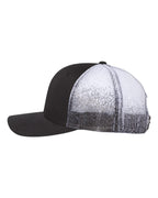 Left View of Black/ Black to White Fade Printed Mesh Trucker Cap - 112PM