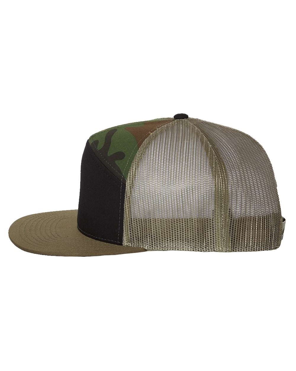 Left View of Black/ Camo/ Loden Seven-Panel Trucker Cap - 168