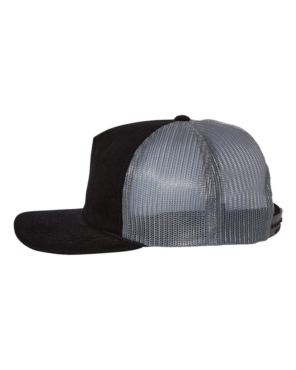 Left View of Black/ Charcoal Troutdale Corduroy Trucker Cap - 930