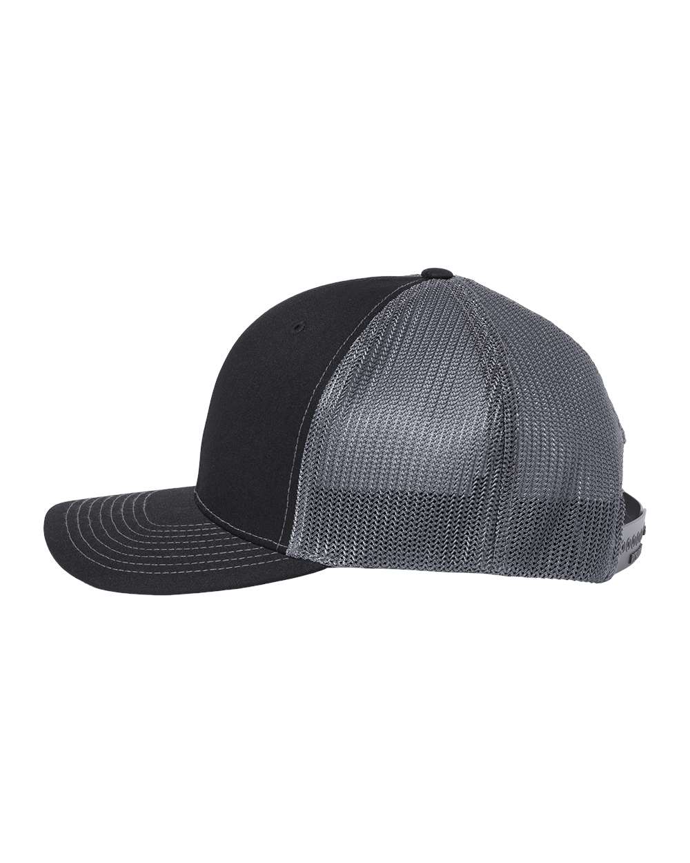 Left View of Black/ Graphite 112+ R-Flex Adjustable Trucker Cap - 112PL