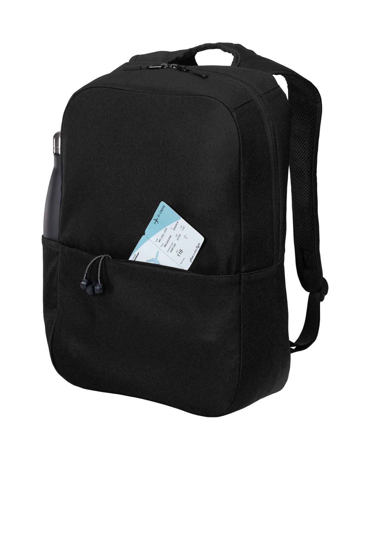 Left View of Black Port Authority Access Square Backpack. BG218