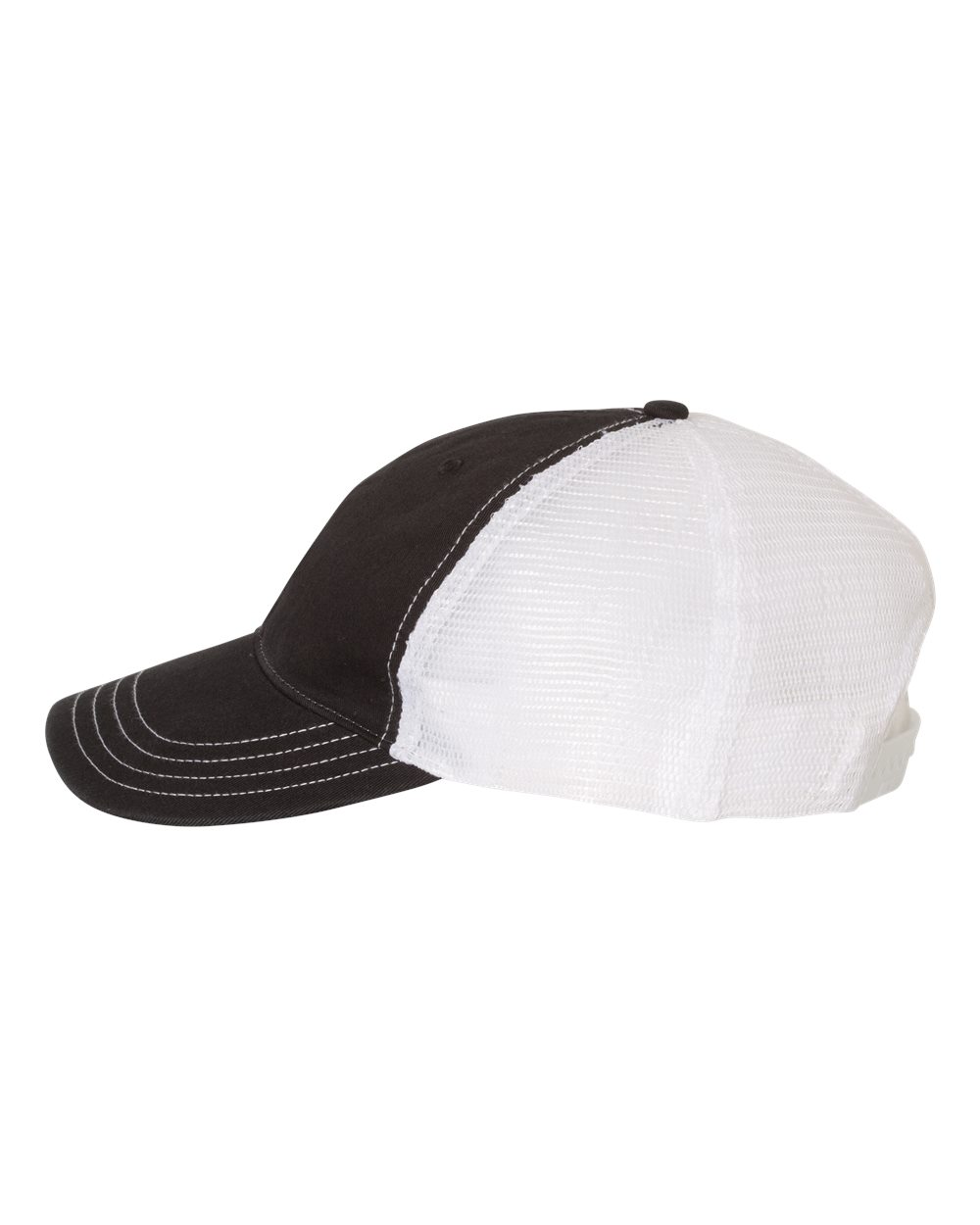 Left View of Black/ White Garment-Washed Trucker Cap - 111