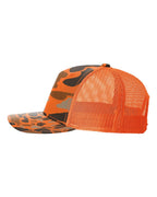 Left View of Blaze Duck Camo/ Blaze Five-Panel Printed Trucker Cap - 112PFP