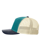 Left View of Blue Teal/ Birch/ Navy Five-Panel Trucker Cap - 112FP