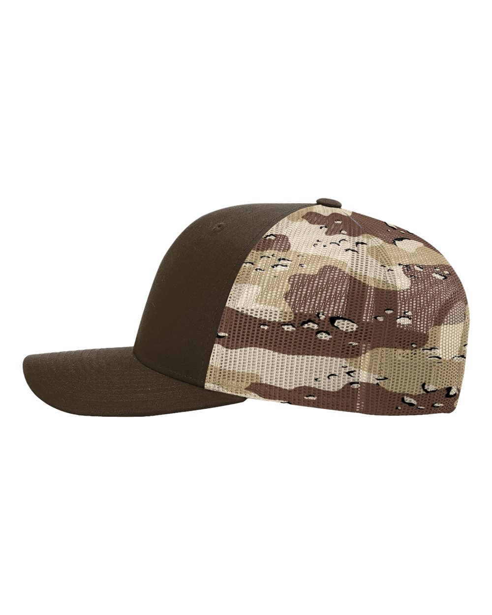 Left View of Brown/ Desert Camo Printed Mesh Trucker Cap - 112PM