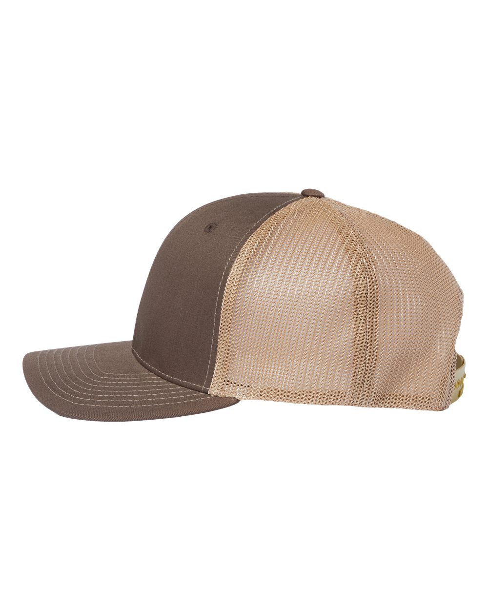 Left View of Brown/ Khaki 112+ R-Flex Adjustable Trucker Cap - 112PL