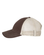 Left View of Brown/ Khaki Garment-Washed Trucker Cap - 111