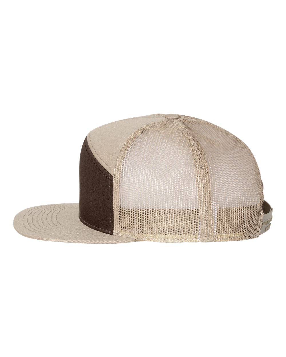 Left View of Brown/ Khaki Seven-Panel Trucker Cap - 168