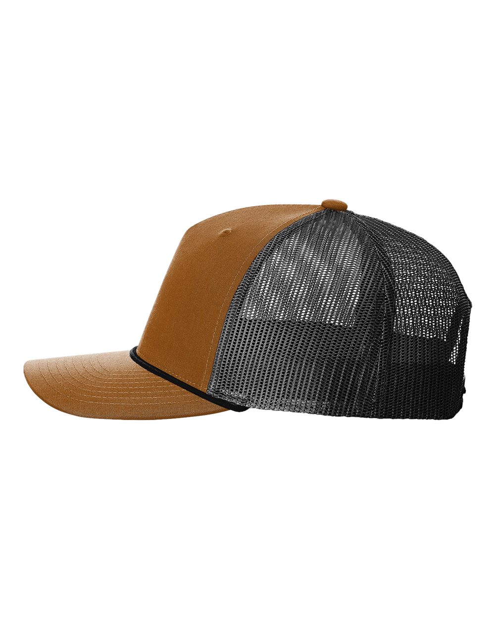 Left View of Caramel/ Black Five-Panel Trucker with Rope Cap - 112FPR