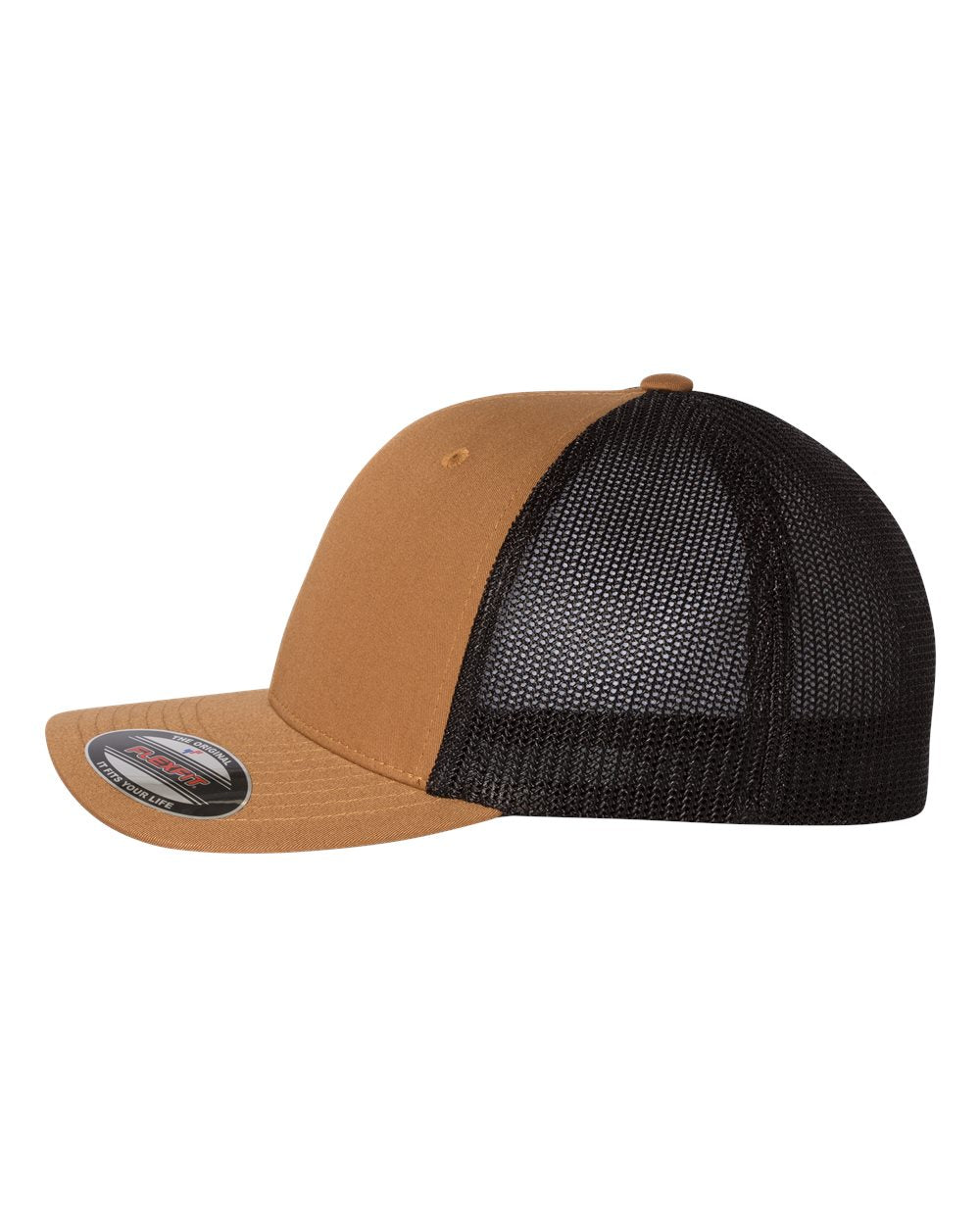 Left View of Caramel/ Black Trucker Cap - 6511
